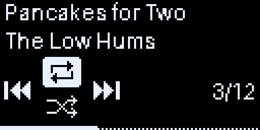 The now-playing screen: song title, artist, joystick icons for previous, next, repeat and shuffle, the track number and a progress bar