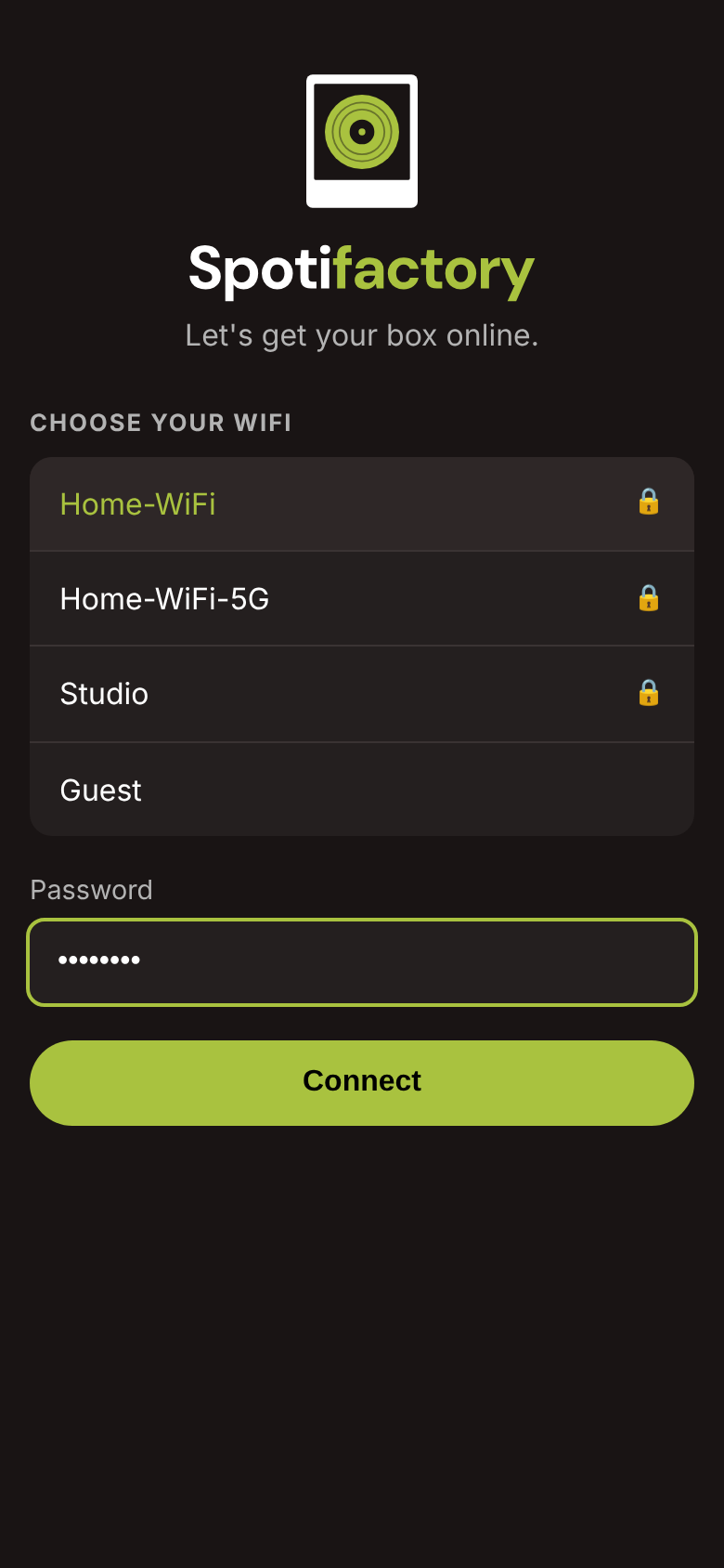 The Wi-Fi setup page on a phone, listing nearby networks with a password field and a Connect button